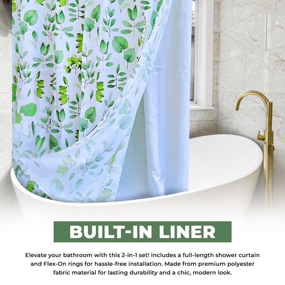 No Hooks Needed Botanical Shower Curtain with Snap-In Liner Washable Waterproof - Picture 5 of 7